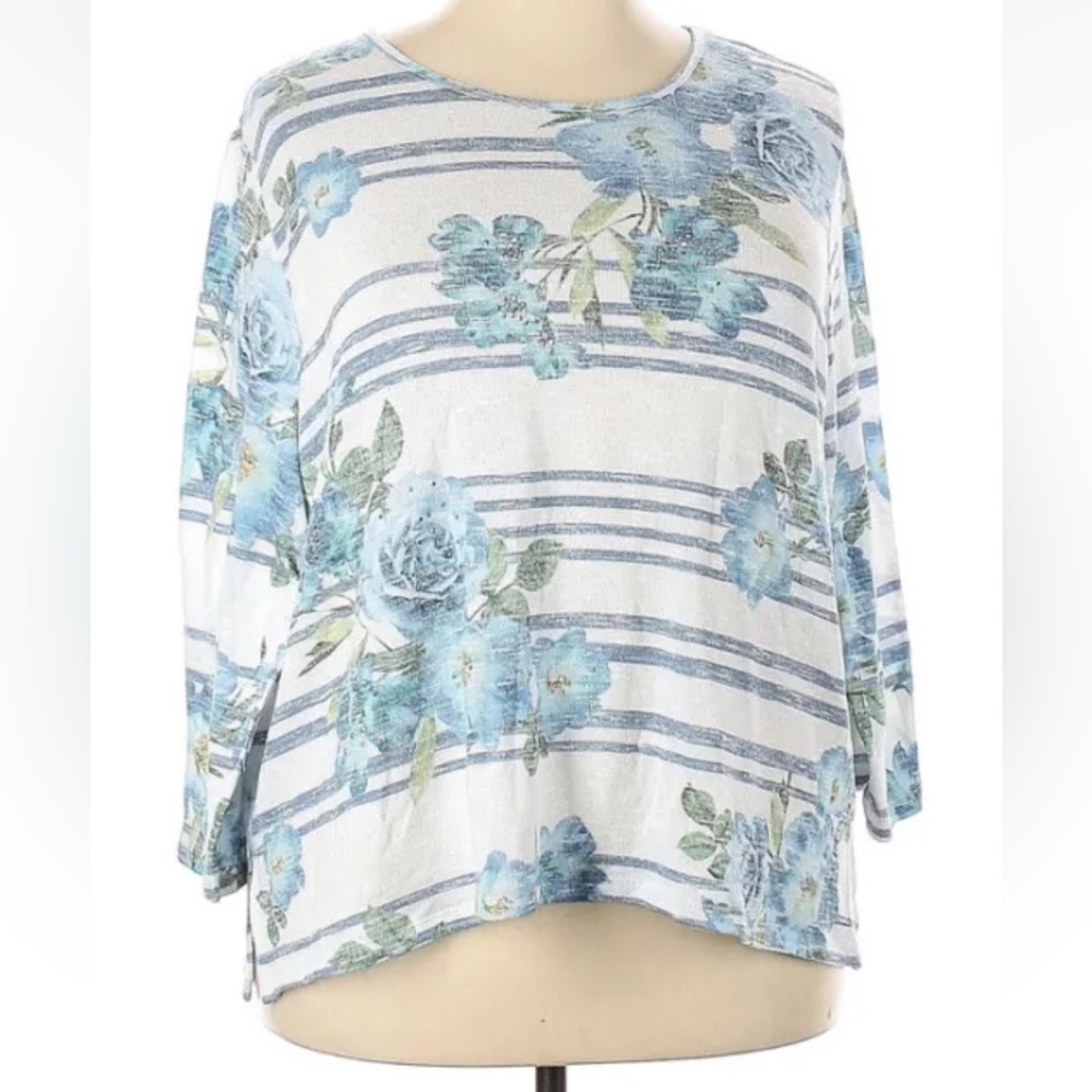 Alfred Dunner Women Sweater 2X Plus White with Blue Stripes Floral Embellishment
